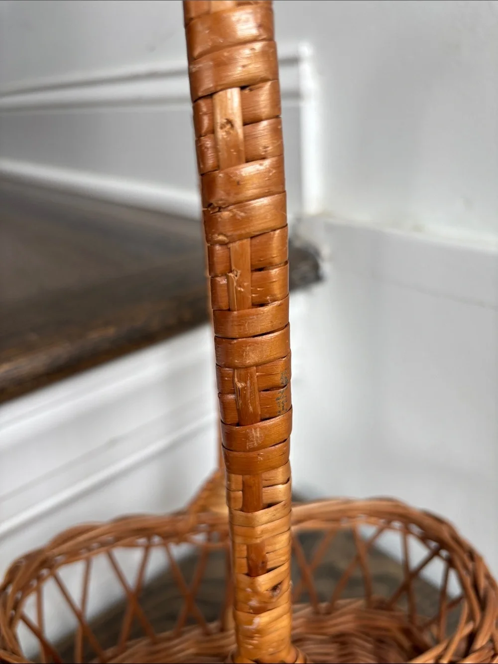 Wine carrier rattan basket, divided interior, handle, open weave, 15” tall